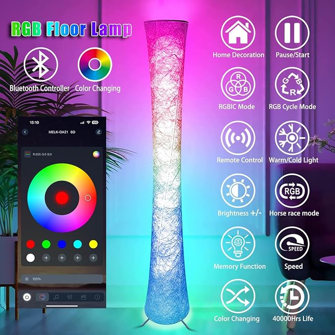 2 Pcs Floor Lamp, 61'' Smart RGB LED Corner Lamp with Music Sync and 16 Million DIY Colors, 3 Color Temperature, APP & Remote Control, Color Changing Standing Floor Lamp for Bedroom Living Room - Image 3