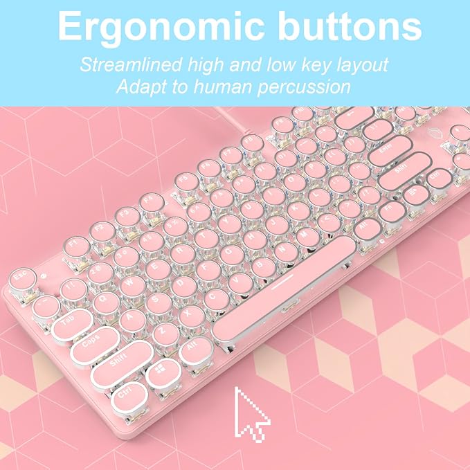 YSCP Typewriter Style Mechanical Gaming Keyboard White Backlit Wired with Blue Switch Retro Round Keycap 104 Keys Keyboard (Pink) - Image 2