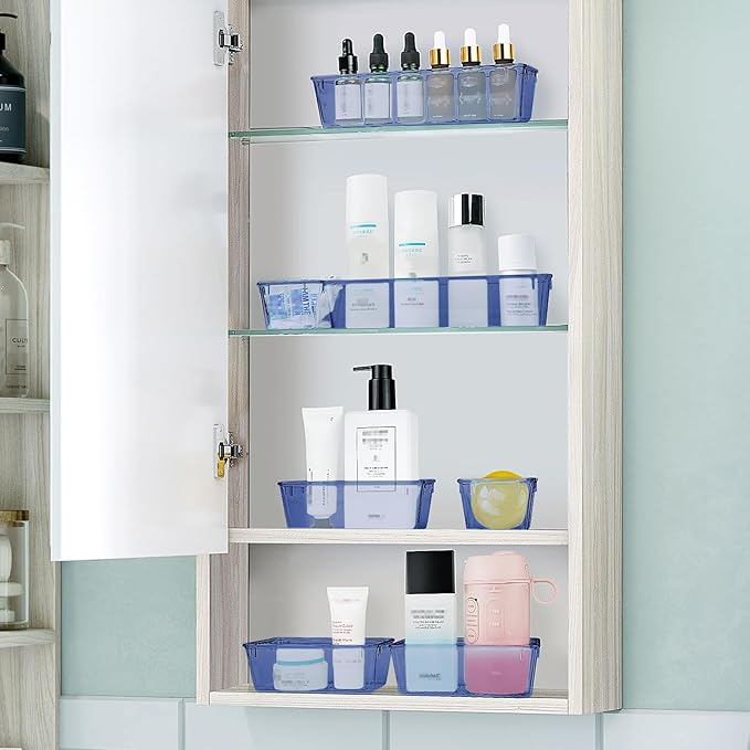 WOWBOX 25 PCS Plastic Drawer Organizer Set, 4 Sizes Desk Drawer Divider Organizers and Storage Bins for Makeup, Jewelry, Gadgets for Kitchen, Bedroom, Bathroom, Office, Clear Dark Blue - Image 6
