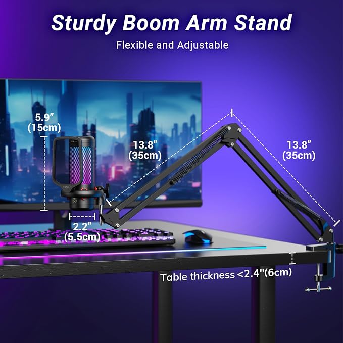 TONOR Gaming Microphone Set with Boom Arm, Vocal Condenser Microphone for Content Creators, USB Mic for PC with Stand, RGB, Tap Mute, Gain Control, Gaming Equipemnt, Twitch, Streaming, TC310+ | Boom Arm Set, USB Mic with Controllable Light, One Tap Mut... - Image 6
