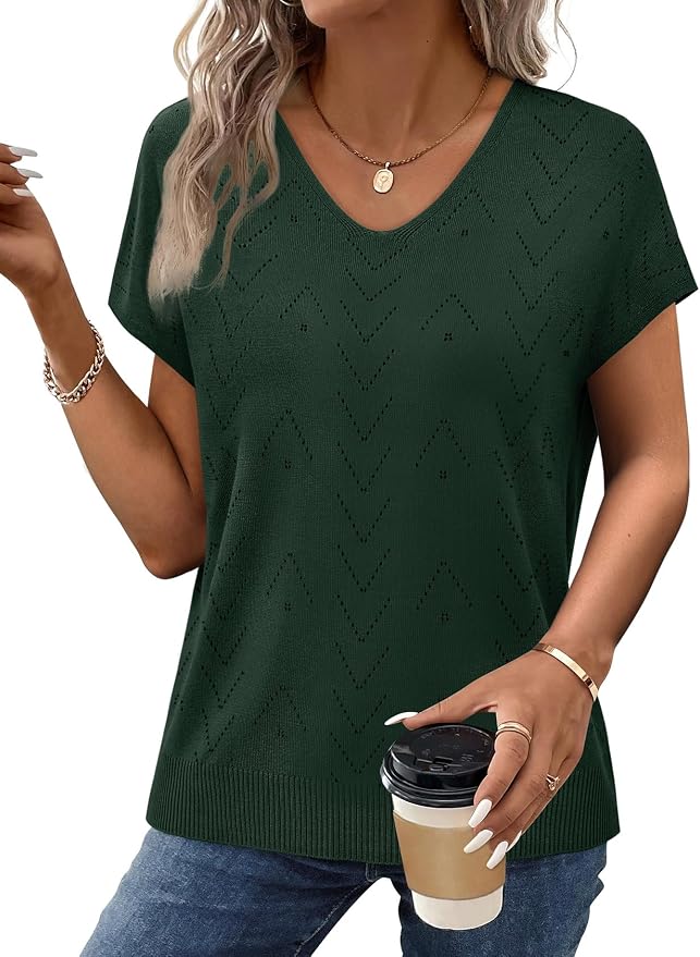 WIHOLL Short Sleeve Sweater for Women V Neck Trendy Cute Tops Business Casual Outfits Cap Sleeve - Image 4