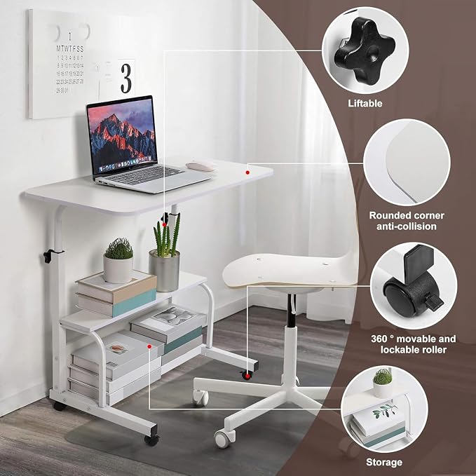 Adjustable Height Mobile Computer Desk for Small Space Rolling Writing with Wheels Corner Home Office Study Portable Bedrooms Work Desk Standing Table Sizes 31.5X15.7 Inches White - Image 4