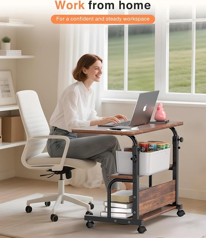 QZMDSM Portable Rolling Desk on Wheels Adjustable Height Desks for Small Spaces, 32" Computer Desk Drafting Tables with Storage Shelves for Home Office Rustic - Image 2