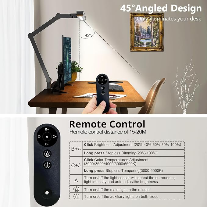 Micomlan Desk Lamp with Clamp, Architect Led Desk Lamp for Home Office with Remote Control, 24W Ultra Bright Auto Dimming Computer Light Adjustable Table Light for Working Workbench (Remote) - Image 5