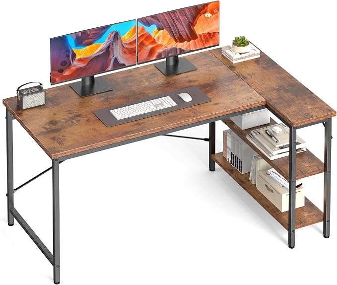 DUMOS L Shaped Desk, 55 Inch Computer Gaming Corner Desks with Shelves | Home Office PC Table, Writing Working Study Desk for Bedroom Dorm, Reversible Design, Rustic Brown by DumosLifestyle