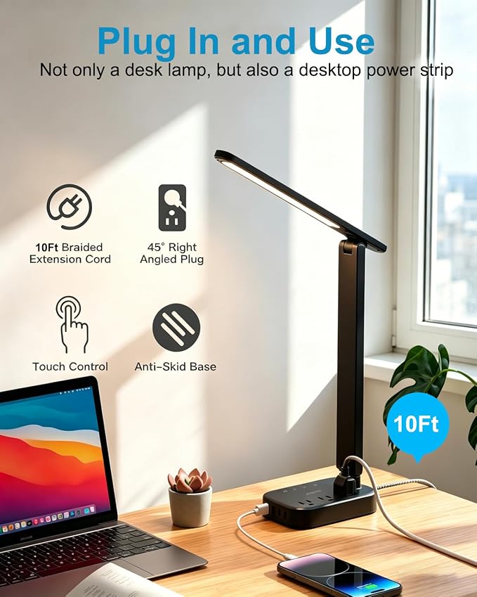 LED Desk Lamp, 10Ft Power Strip with 3 Outlets 4 USB Ports(2 USB C), Black | One Beat 4 Modes 5 Level Brightness Touch Lamp, Small Desk Lamp for Home Office College Dorm Essentials, Study Reading Light - Image 5