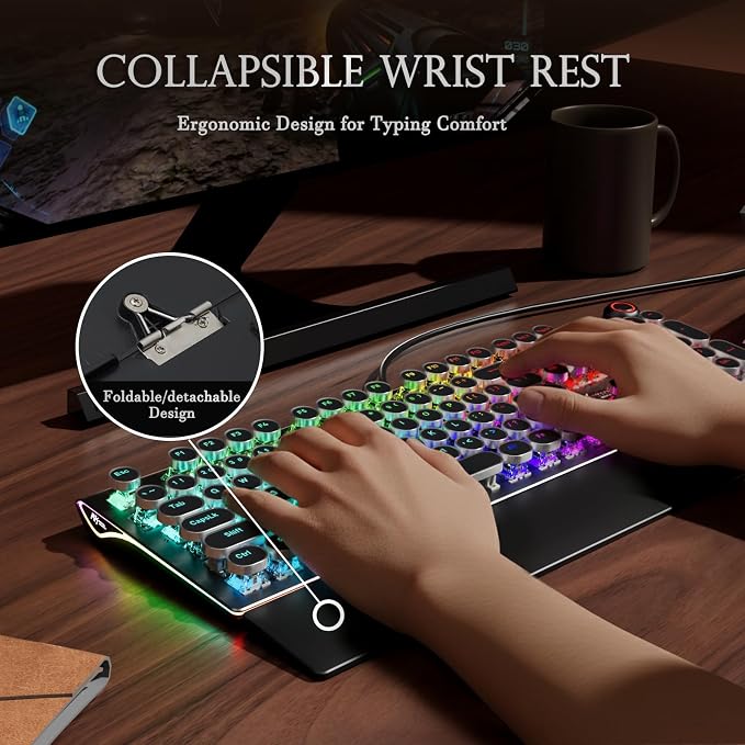 RK ROYAL KLUDGE X108 Typewriter Keyboard with Knob, Wired Mechanical Gaming Keyboard, 108 Keys RGB Backlit Sidelight, Detachable Wrist Rest, Retro Round Keycaps Blue Switches - Shadow Black - Image 6