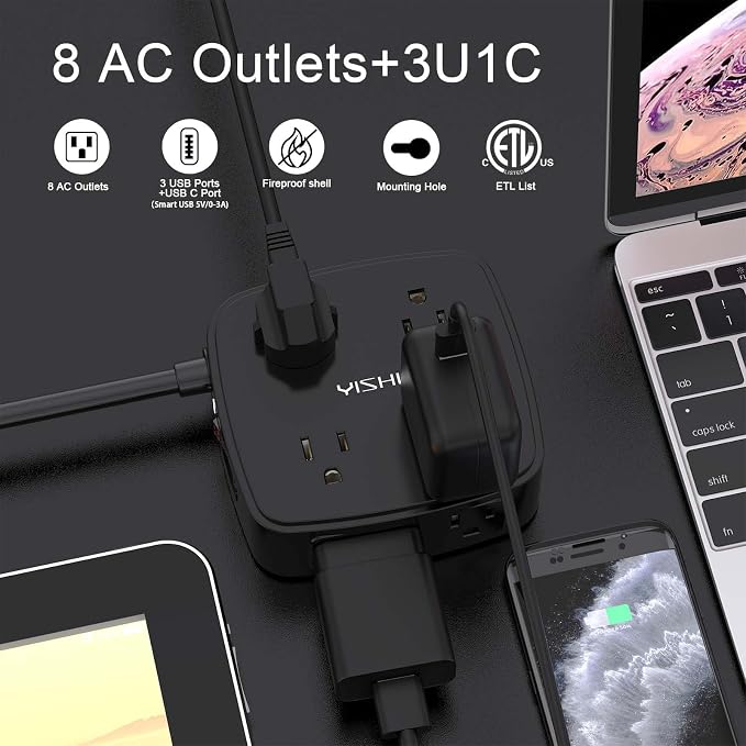 10 Ft Surge Protector Power Strip - 8 Widely Outlets with 4 USB Ports, 3 Side Outlet Extender with 10 Feet Extension Cord, Flat Plug, Wall Mount, Desk USB Charging Station, ETL, Black - Image 2