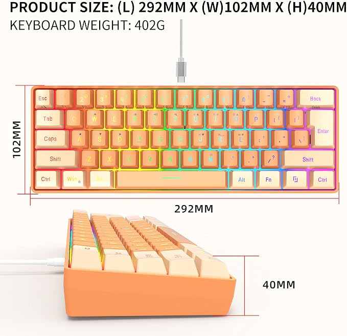 Snpurdiri 60% Wired Gaming Keyboard, RGB Backlit Ultra-Compact Mini Gaming Keyboard for PC/Mac Gamer, Typist, Travel (Cream and Orange) | Backlit Ultra-Compact Mini Gaming Keyboard for PC/Mac Gamer, Typist, Travel - Image 3