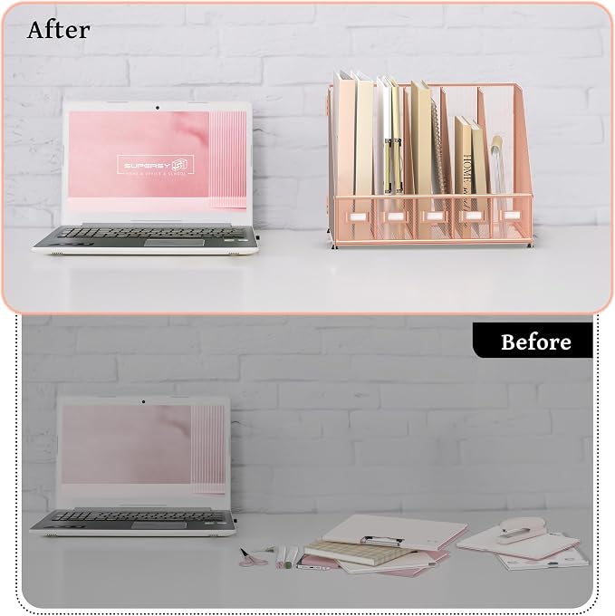 SUPEASY Desk Organizers Metal Desk Magazine File Holder with 5 Vertical Compartments Rack File Organizer for Office Desktop, Home Workspace, Rose Gold - Image 5