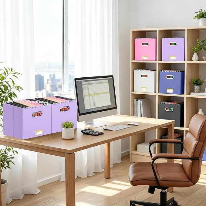 BALEINE File Organizer Box, Cardboard File Folder Organizer with Handle for Letter Size, Portable Collapsible Hanging Filing Box for Home Office Document Storage (8 Pack, Large Lavender) - Image 2