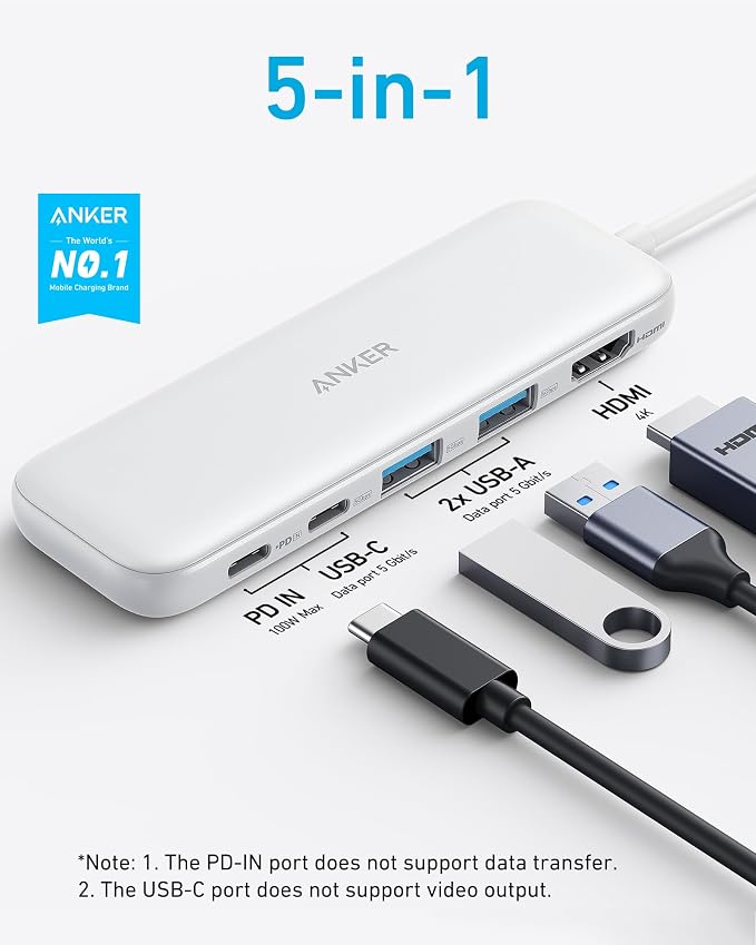 Anker USB C Hub, 5-in-1 USBC to HDMI Splitter with 4K Display | 85W Max PD, 1 Powered USB-C 5Gbps & 2 Powered USB-A 3.0 5Gbps Data Ports, for MacBook Pro, MacBook Air, Dell and More (White) - Image 2