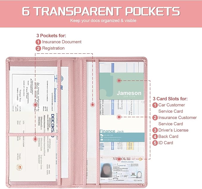 JUSTTOP 2Pack Car Registration and Insurance Holder,Car Document Holder for Cards License with Magnetic Shut,Vehicle Glove Box Car Organizer for Documents, Cards, License(Embossed leather Pink) - Image 5