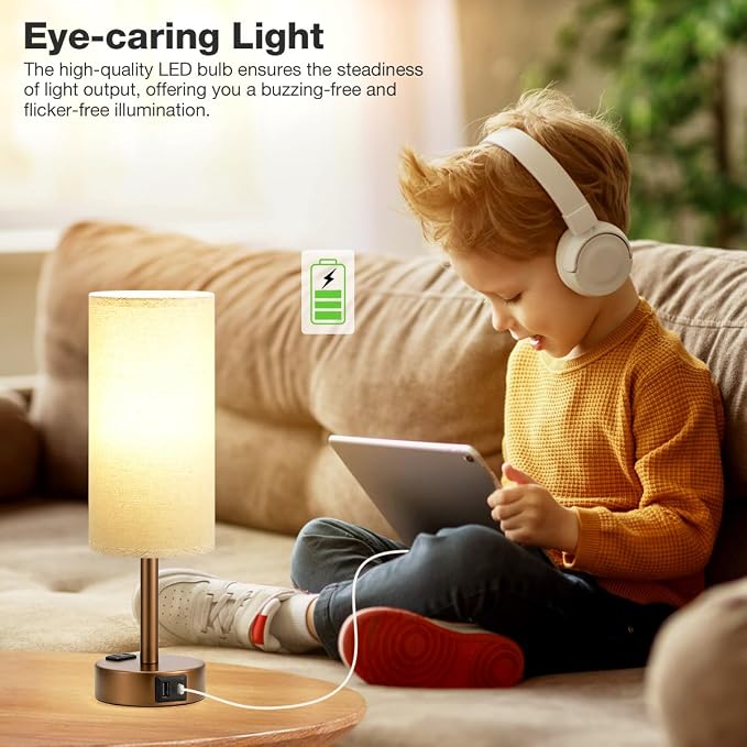 Fenmzee Brown Bedside Table Lamp for Bedroom - 3 Way Dimmable Touch Lamp USB C Charging Ports and AC Outlet, Small Lamp Round Flaxen Fabric Shade for Living Room, Desk, LED Bulb Included - Image 5