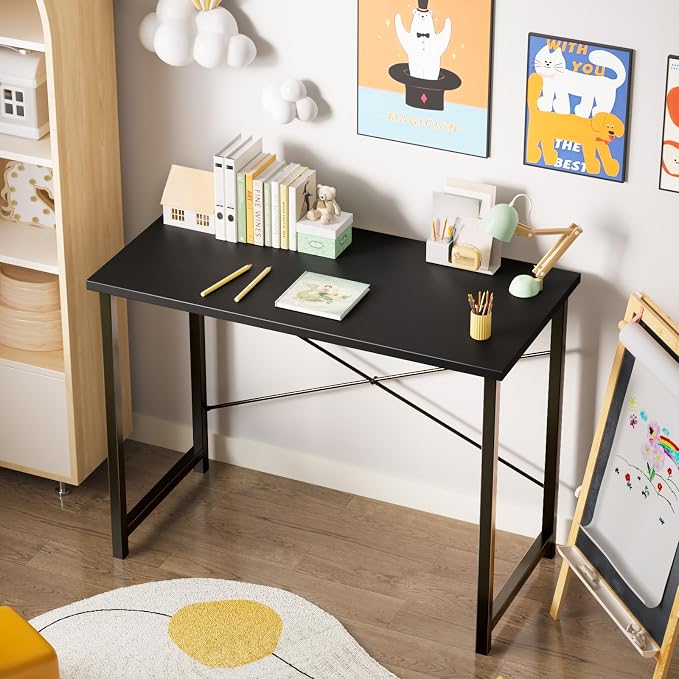 Sweetcrispy Small Computer Desk, 44" Office Writing Desk with Metal Frame & Wooden Tabletop, X-Shaped Reinforcement, Student Study Workstation for Home Bedroom, Black - Image 7