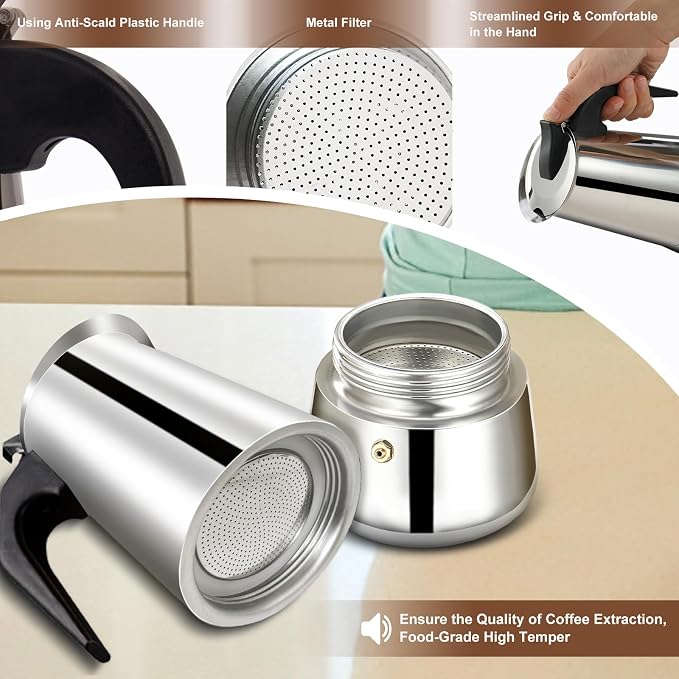2 Cup Stovetop Espresso Maker Stainless Steel Moka Pot Stove Top Percolator Italian Coffee Makers Capable Mocha Greca Machine Cafe Classic Induction Cookers for Home and Camping 100ml 3.3oz - Image 7