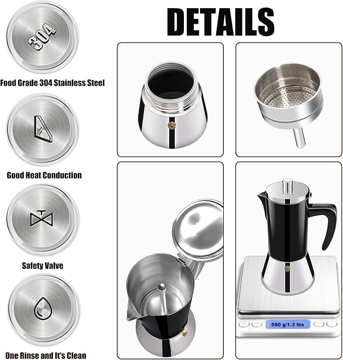 4 Cup Thickened 304 Stainless Steel Moka Pot Stovetop Espresso Maker Cafeteras Italian Percolator Espress Makers Capable Greca Mocha Coffee Machine for Induction Home and Camping 200ml 6.6oz - Image 7