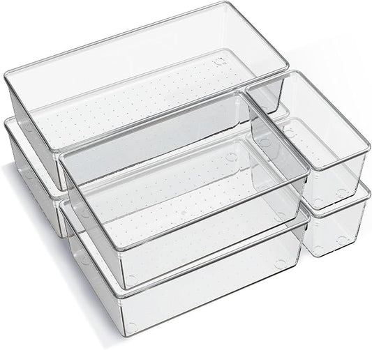 6 Pack Large Clear Plastic Drawer Organizer Trays, Acrylic Kitchen Drawer Organization and Storage Dividers, Non-Slip Storage Bins for Makeup, Kitchen Utensils, Bathroom, Jewelries and Office Desk by Criusia