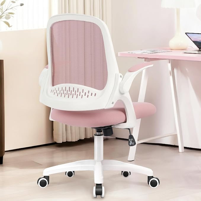 NEO CHAIR Office Desk Gaming Ergonomic Computer Chair with Lumbar Back Support Adjustable Height Swivel Rolling Wheels Flip-up Arms Mesh Chair for Home Vanity (Pink) | Lumbar Support, Height Adjustment, 360° Swivel and Rolling Base, Space-Saving Design... - Image 7