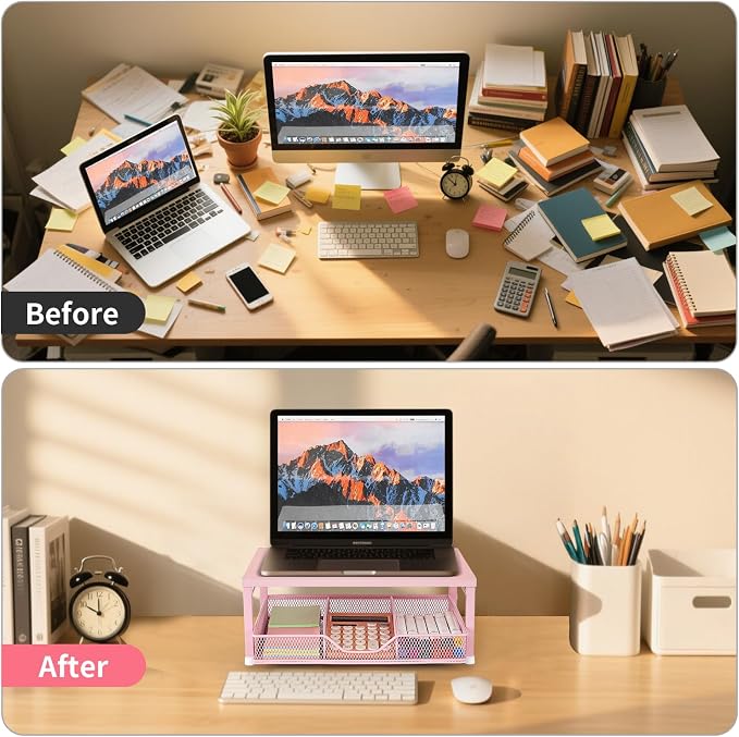 Small Pink Laptop Stand for Desk, Monitor Stand, Office Desk Accessories, Computer Desktop Stand with Drawer for Home, Office, School (Pink) - Image 5