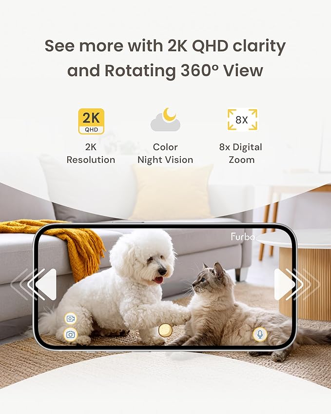 Furbo Mini 360° 2K QHD Pet Camera: Basic See, Talk & Toss Features, No AI Alerts, No Subscription Required, Dog & Cat Rotating Treat Dispenser w/Phone App, Smart Indoor Cam, 2-Way Audio & Night Vision - Image 5