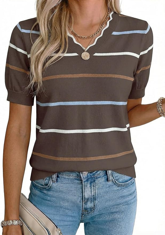 Dokotoo Womens Summer Short Sleeve Knit Tops 2026 Spring Trendy Casual V Neck Striped Sweater Blouses by Dokotoo