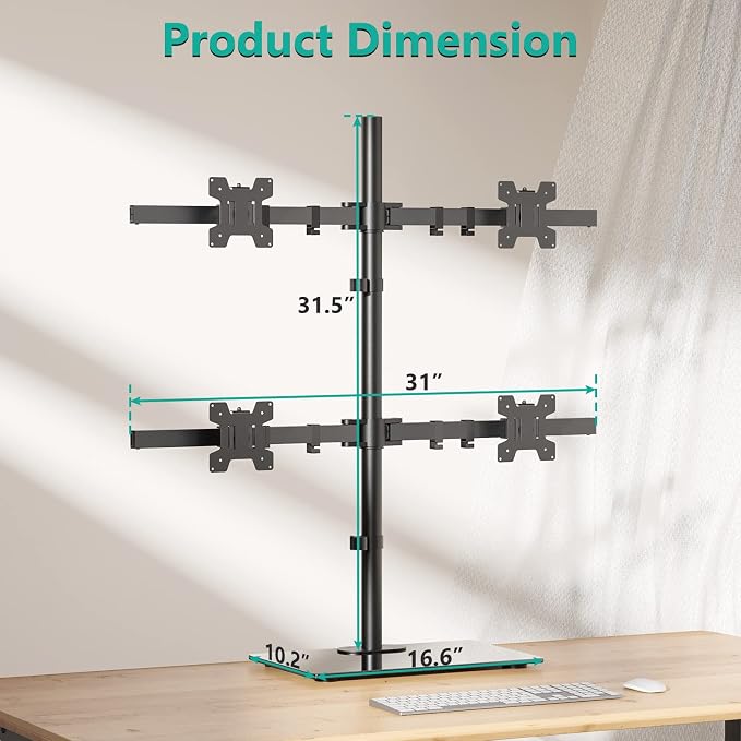 WALI Freestanding Quad Monitor Mount for 17-27 Inch Screens, Fully Adjustable 4 Monitor Stand with Swivel, Tilt, Rotation, Glass Base, Max Load 22 lbs per Arm (GMF004), Black - Image 4