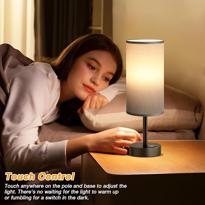 Dicoool Bedside Table Lamp for Bedroom - 3-Way Dimmable Touch Lamp, USB A+C | LED Bulb Included, 14" Small Nightstand Lamp for Desk, Living Room, Guest Room, Grey Fabric Lampshade, Grey Metal Base - Image 2