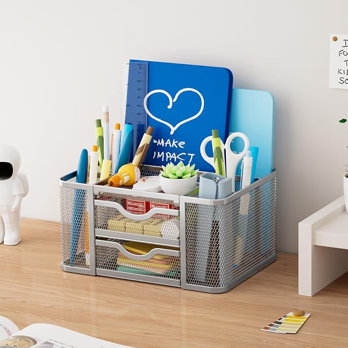 Marbrasse Mesh Desk Organizer, Pen Organizer with 2 Drawer, Multi-Functional Pencil Holder, Desk Organizers and Accessories with 5 Compartments + Drawer for Office Art Supplies (Silver) - Image 5