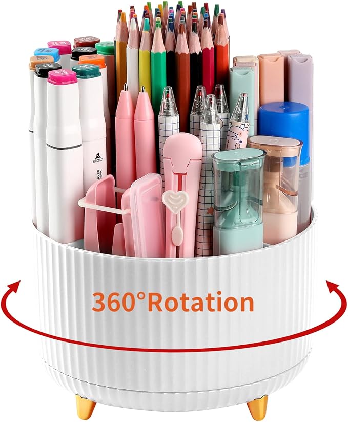 Desk Pencil Pen Holder, 5 Slots 360°Degree Rotating Pen Organizers for Desk, Desktop Storage Stationery Supplies Organizer, Cute Pencil Cup Pot for Office, School, Home, Art Supply, White by EDENMS