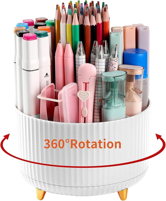 Desk Pencil Pen Holder, 5 Slots 360°Degree Rotating Pen Organizers for Desk, Desktop Storage Stationery Supplies Organizer, Cute Pencil Cup Pot for Office, School, Home, Art Supply, White by EDENMS