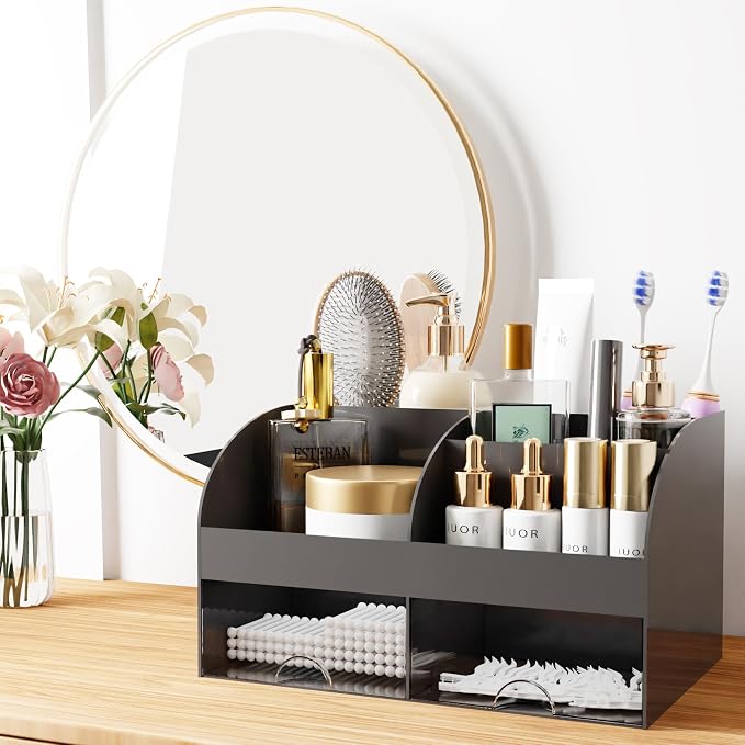 Makeup Organizer with Drawers, Cosmetic Storage for Dresser Vanity and Bathroom Countertop, Beauty Holder for Lipstick Brush, Skincare Organizer for Vanity, Cosmetic Display Case (Black) - Image 4