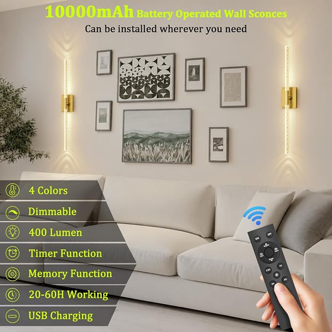 iThird Crystal Bubble Gold Wall Sconces Set of 2: 10000mAh Rechargeable Wireless Lights with Remote & 360° Rotate, 4 Color Temps Dimmable, 31" Lamp Decor for Bedroom Living Room Mirror - Image 7