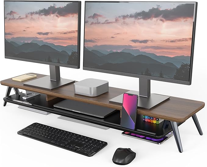 Fenge Dual Monitor Stand, Monitor Stands Riser for 2 monitors, 42.5 Inch Wood Desk Shelf with Storage Organizer and Cable Management for Office Desk Accessories by Fenge