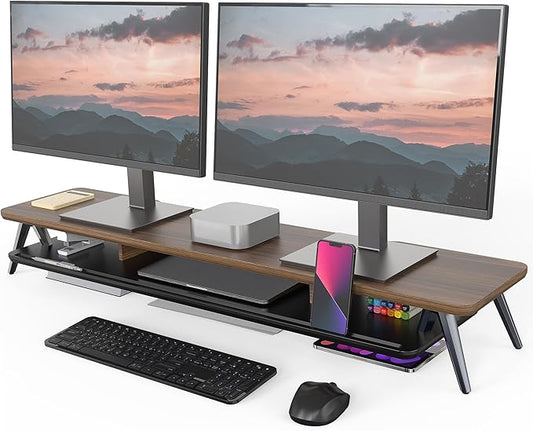 Fenge Dual Monitor Stand, Monitor Stands Riser for 2 monitors, 42.5 Inch Wood Desk Shelf with Storage Organizer and Cable Management for Office Desk Accessories by Fenge