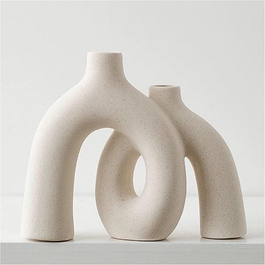 Hug Donut Decorative Vase Set - Modern Nordic Boho Style Vases Home Decor, Matte Ceramic Decorations for Living Room Shelf, Bookshelf Mantle Entryway Table or Console Décor (Cream White) by Jonronboci