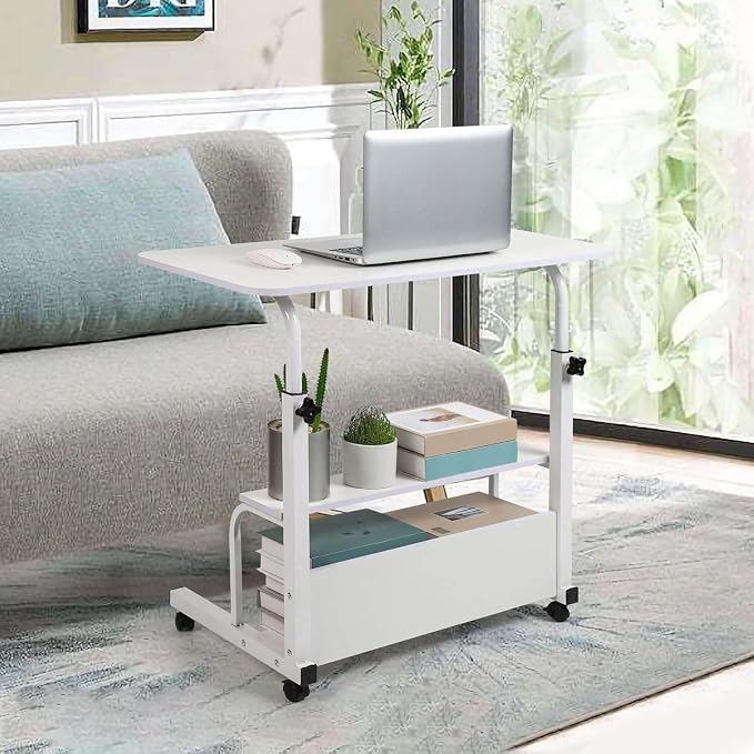 Adjustable Height Mobile Computer Desk for Small Space Rolling Writing with Wheels Corner Home Office Study Portable Bedrooms Work Desk Standing Table Sizes 31.5X15.7 Inches White - Image 6