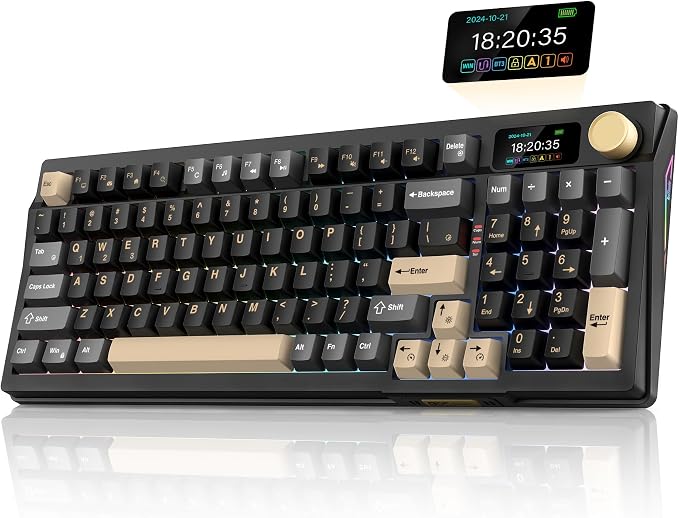 RedThunder K95 Wireless Mechanical Keyboard, TFT Screen & Knob, Tri-Mode BT5.0/2.4GHz/USB-C Hot Swappable Custom, Pre-lubed Linear Pink Switches, Gasket Structure, RGB Gaming Keyboard, Black-Gold by RedThunder