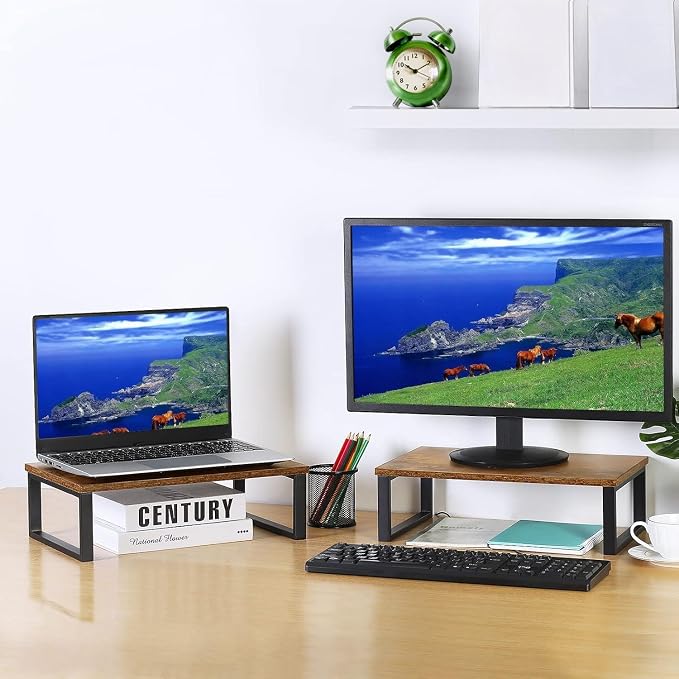 Monitor Stand Riser 2 Pack Laptop Stand Riser Holder Wood Computer Stands Vintage Tabletop Storage Organizer Shelf for Notebook PC Printer Lift Stands TV Risers Wooden Desk Organizers Brown (Brown) - Image 3