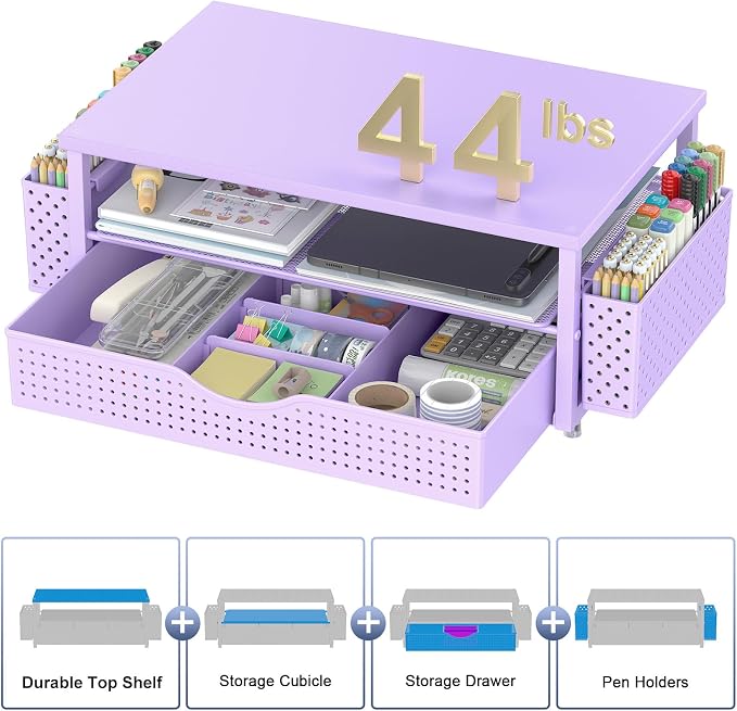 Spacrea Desk Organizer and Accessories, Computer Monitor Stand Riser with Drawer and 2 Pen Holders, Office Desk Accessories & Workspace Organizers for Office Supplies (Purple) - Image 5