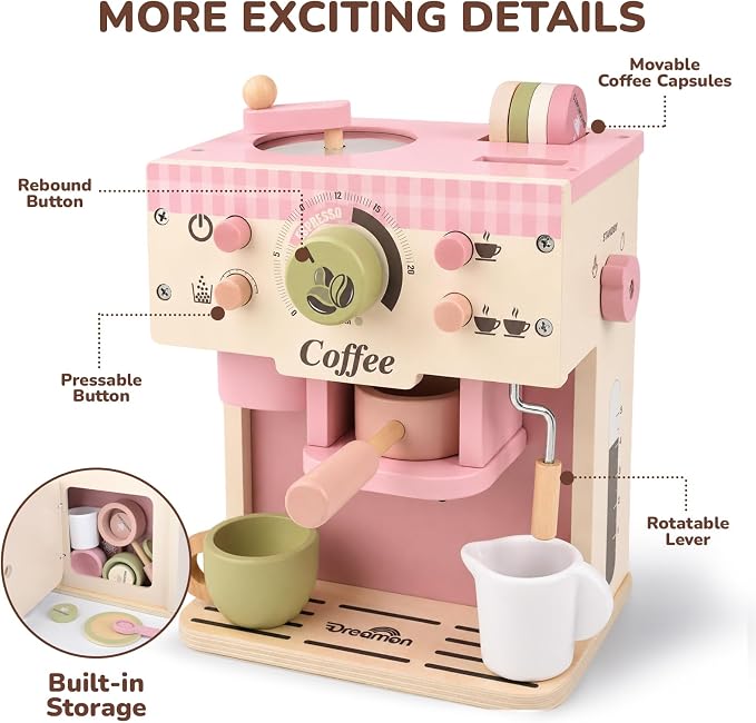Dreamon Toy Coffee Maker Wooden Kitchen Accessories for Kids Pretend Play | Realistic Kids Coffee Playset with Moving Parts, Montessori Kitchen Toys for 3 4 5 Year Old Boys & Girls Birthday Gifts, Pink - Image 7