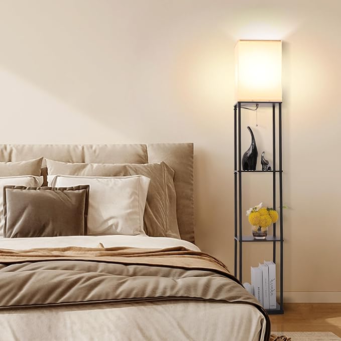 Gupuzm Floor Lamp with Shelves, Modern Square Standing Lamp with 3 Color Temperature Bulb, Corner Display Bookshelf Lamp for Living Room, Bedroom and Office (Black) - Image 5
