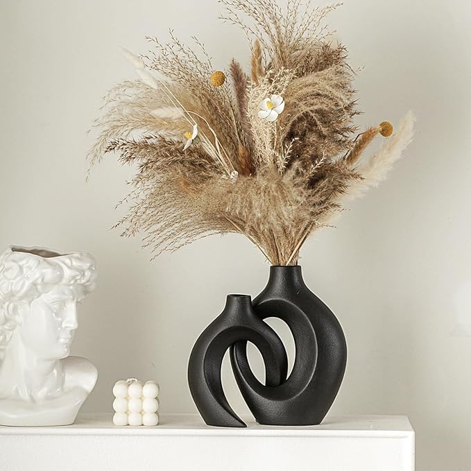 Lvases Snuggle Hollow Modern Ceramic Vase Set of 2, Mid Century Nordic Aesthetic Decorative Vase Decorative Vases for Home Table Decor (Matte Black W 6.3" X H 8.4") - Image 4