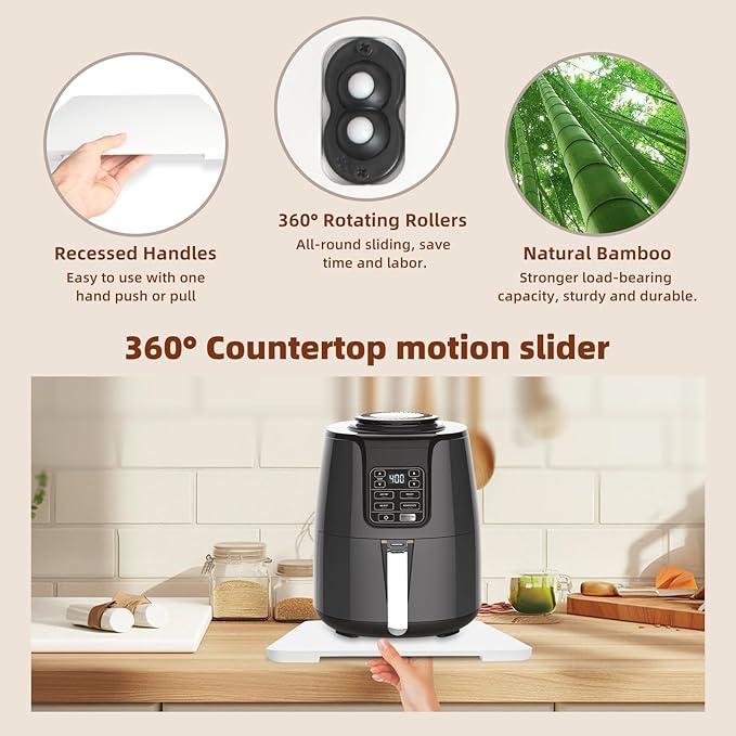 360°Rolling Tray Bamboo Kitchen Appliance Slider for Coffee Maker Pot | Countertops Sliding Tray Mat for Kitchen Appliances Easily Move Under The Cabinet White 11.6×13.9 - Image 4