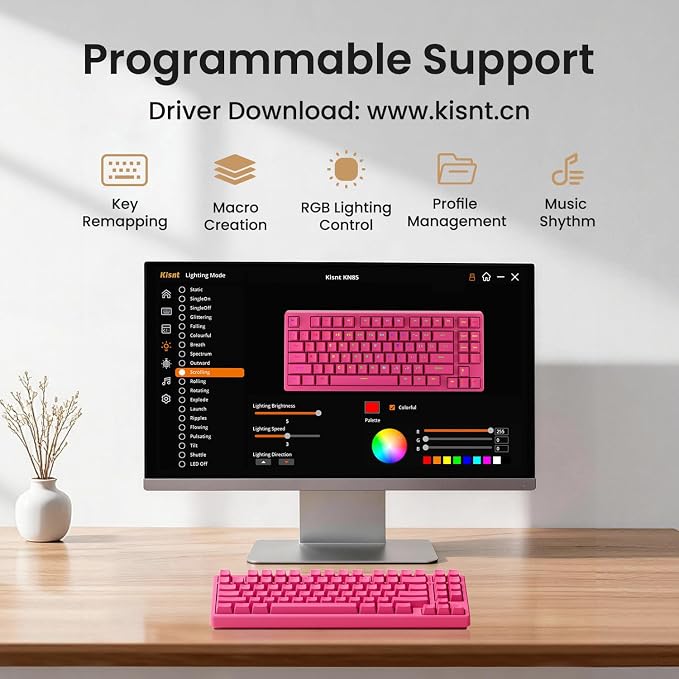 Kisnt KN85 Wireless Silent Mechanical Keyboard, 75% Layout, Bluetooth/2.4GHz/USB-C, Custom RGB Backlit, Hot Swappable, Quiet Typing for Windows/Mac/PC (Berry Red) - Image 6