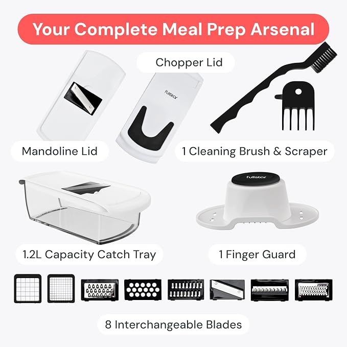 Fullstar Pro Original Vegetable Chopper & Mandoline Slicer Kitchen Gadget | 8 in 1 Veggie Slicer, Onion & Fruit Cutter with Sharp Stainless Steel Blades & Container, All-in-One Meal Prep Tool (White) - Image 8