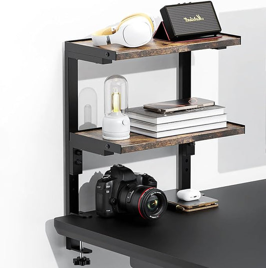 Spacrea Clamp on Desk Shelf, 2 Tier Office Desk Shelves Organizer, Wood Desktop Supplies Storage Rack, Desk Organizers and Accessories (Wood) by Spacrea