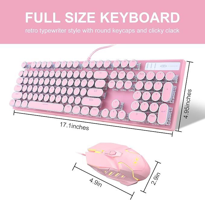Retro Pink Typewriter-Style Keyboard and Mouse Combo, Cute Light Up Wired Mechanical Keyboard with Linear Red Switches, Full Size for Gaming, Work, Mac, PC, Windows - Image 8