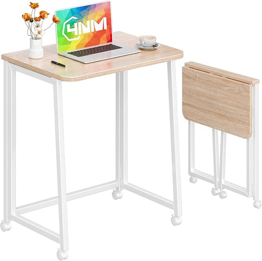 4NM 23.6" Mobile Small Folding Desk, Foldable Rolling Computer Home Office Desk, Study Writing Table for Small Space Saving Bedroom, with Wheels - Natural and White by 4NM