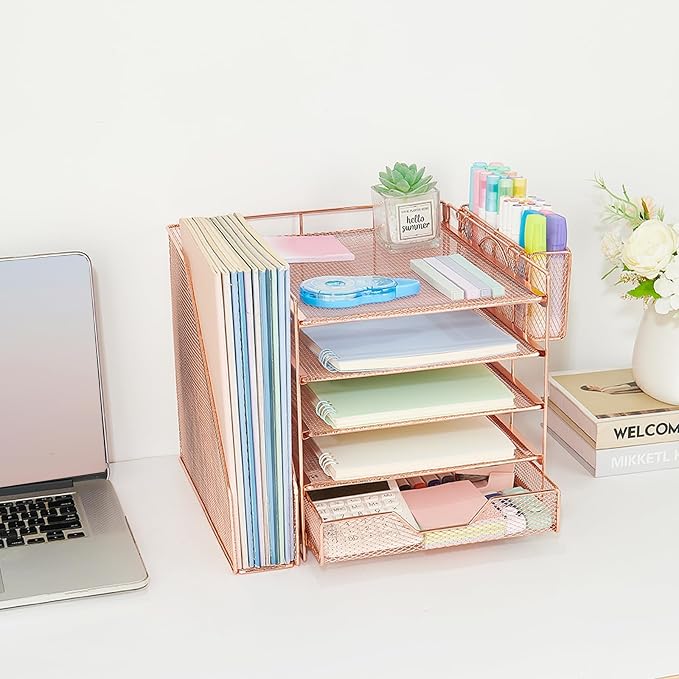 Desk Organizers and Accessories, 5-Tier Paper Letter Tray Organizer with File Holder, Drawer & Pen Holder, Office Desk Accessories, Desktop Organizer for Classroom Office Supplies, Rose Gold - Image 8
